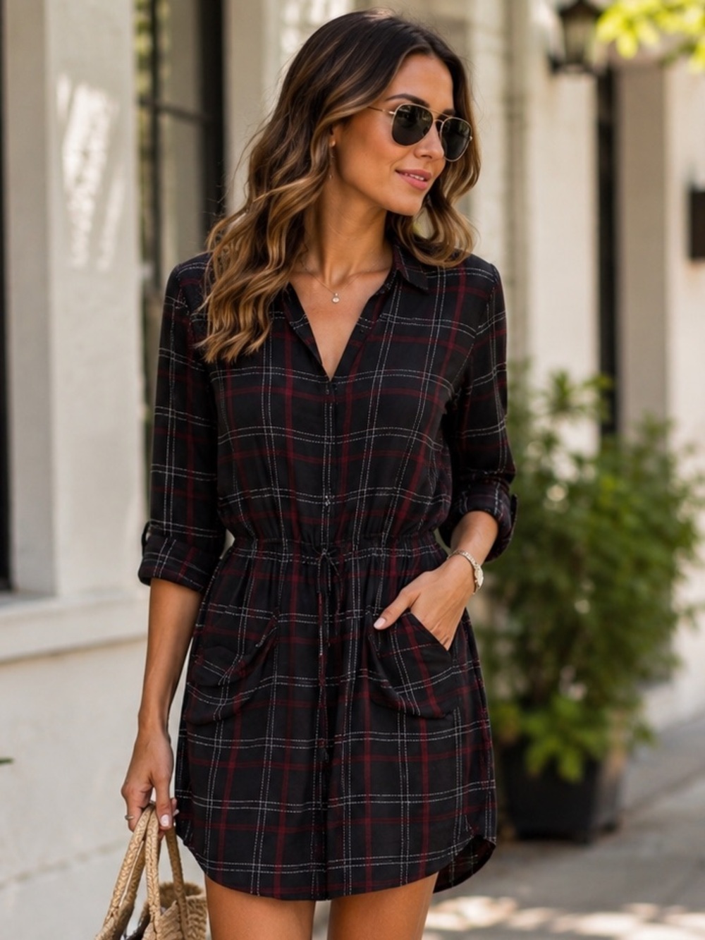 A.L.C. Silk Simona drawstring dress size 2 small plaid